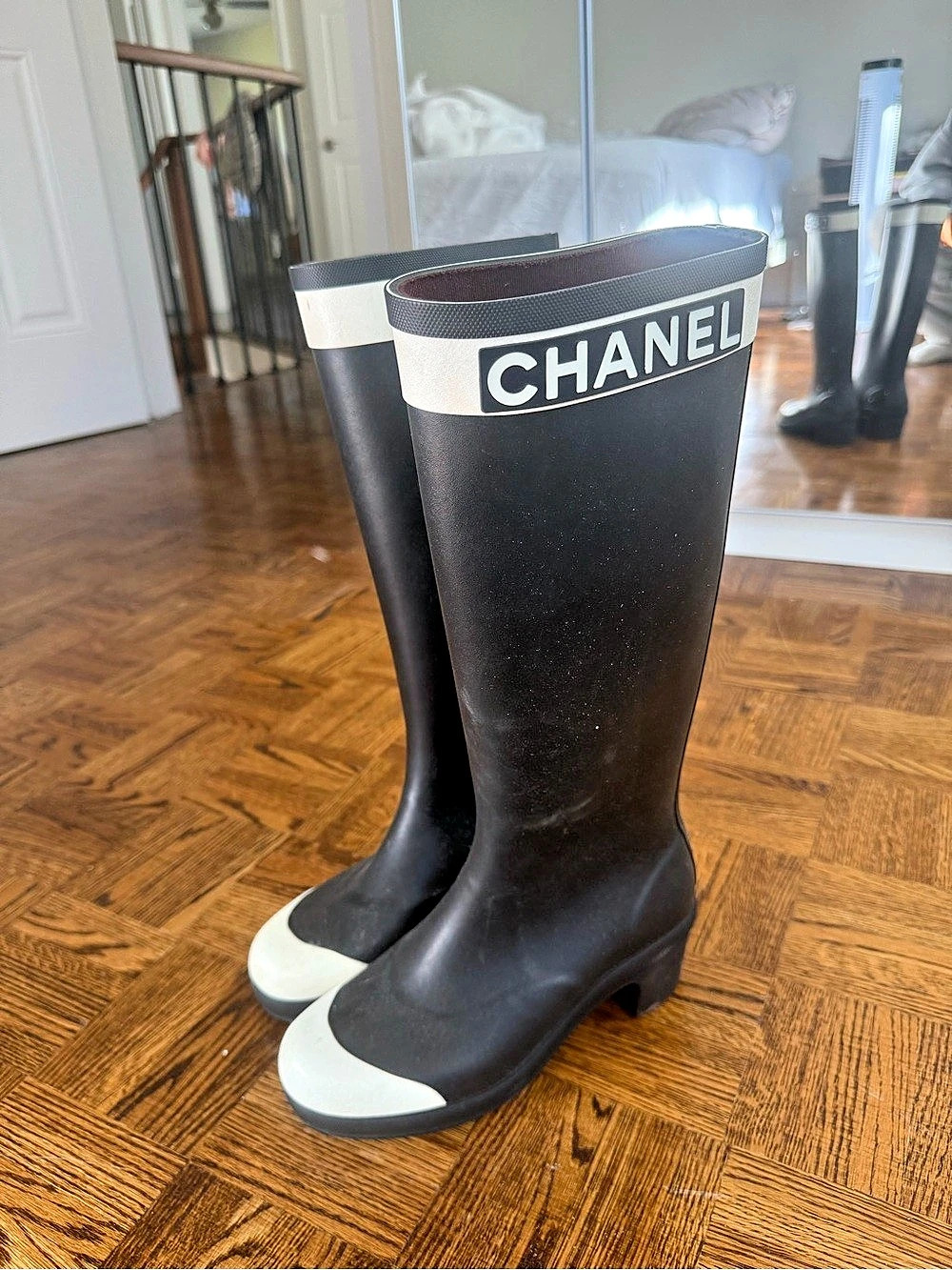 Chanel Caoutchouc CC Logo High Pull On Rain Boots Black & White